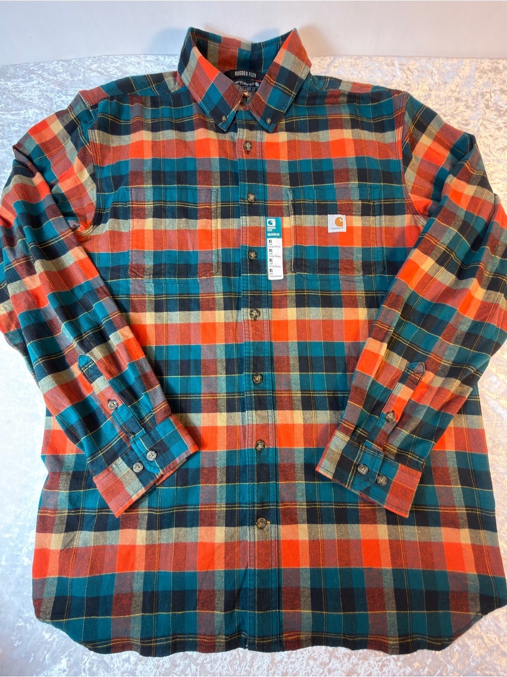 Carhartt Men’s Plaid Button-Down Shirt - Orange & Teal